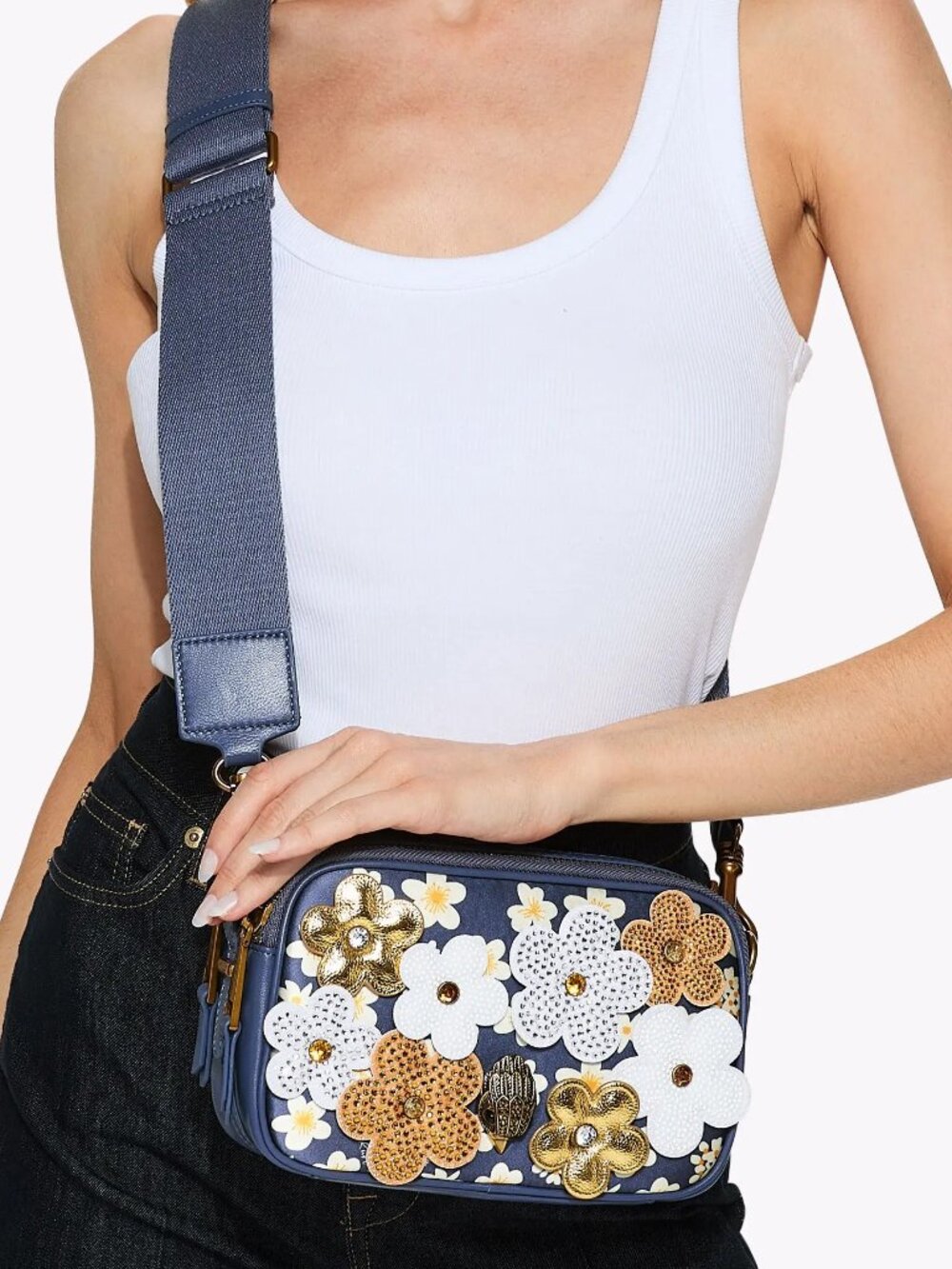 Kurt Geiger Kensington Daisy Structured Camera Bag Blue Gold White Floral NWT - Picture 7 of 7